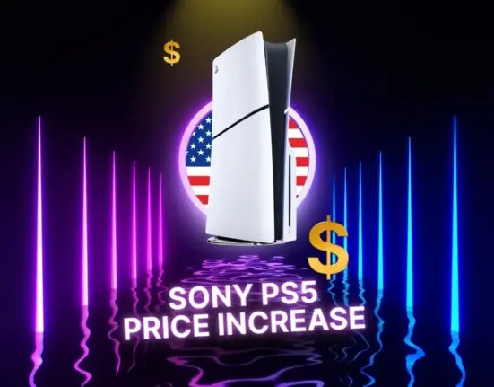 A PlayStation console centered in the foreground against a vibrant pink and blue gradient background. Behind the console is a United States flag overlaid with a large dollar sign symbol.