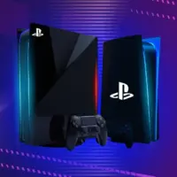 Leaked concept image of the PlayStation 6 (PS6) console and redesigned controller, featuring a sleek futuristic chassis and glowing LED accents on a dark background.