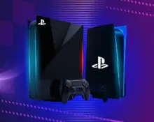 Leaked concept image of the PlayStation 6 (PS6) console and redesigned controller, featuring a sleek futuristic chassis and glowing LED accents on a dark background.