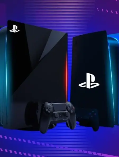 Leaked concept image of the PlayStation 6 (PS6) console and redesigned controller, featuring a sleek futuristic chassis and glowing LED accents on a dark background.