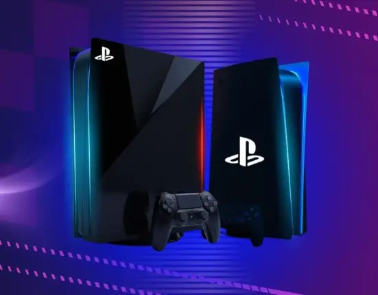 Leaked concept image of the PlayStation 6 (PS6) console and redesigned controller, featuring a sleek futuristic chassis and glowing LED accents on a dark background.