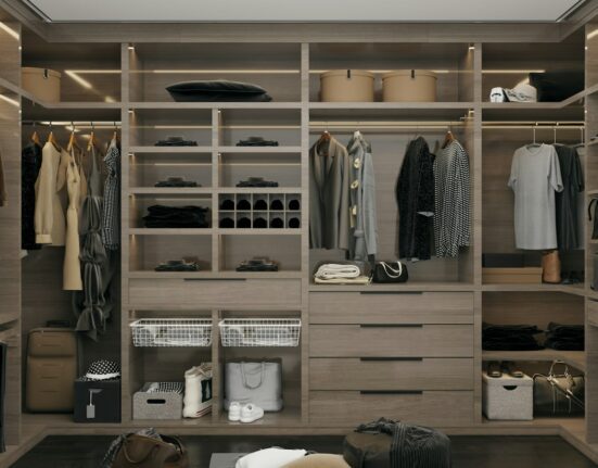 Organized walk-in closet showing a practical capsule wardrobe for work