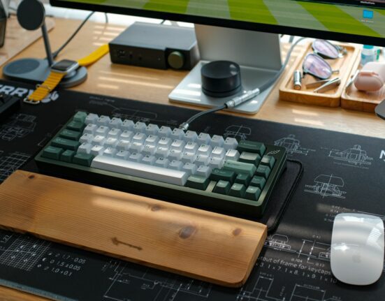 Mechanical keyboard on a desk setup for office work in Canada