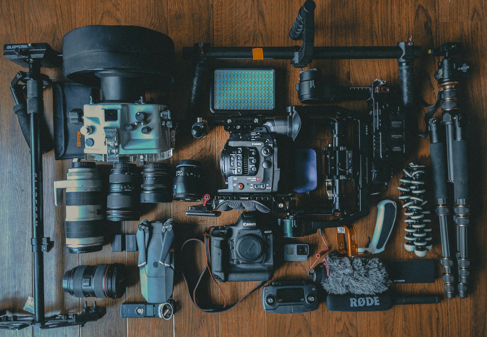Production gear laid out for a template based video production workflow