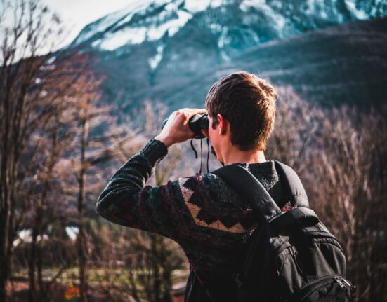 Man using binoculars for wildlife viewing near forest trees