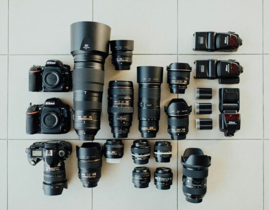 Flat lay of camera equipment for turning product photos into AI promotional videos